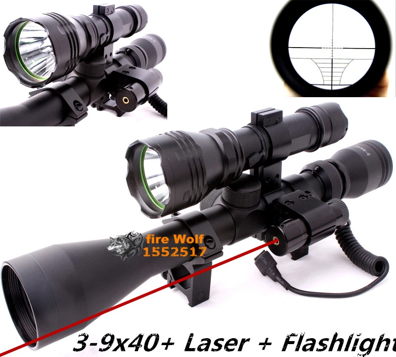 

2016 New 1set Optical Sight Riflescope 3-9X40 Hunting Optics QQ01 Scope Mount Red Laser Sight Black Flashlight