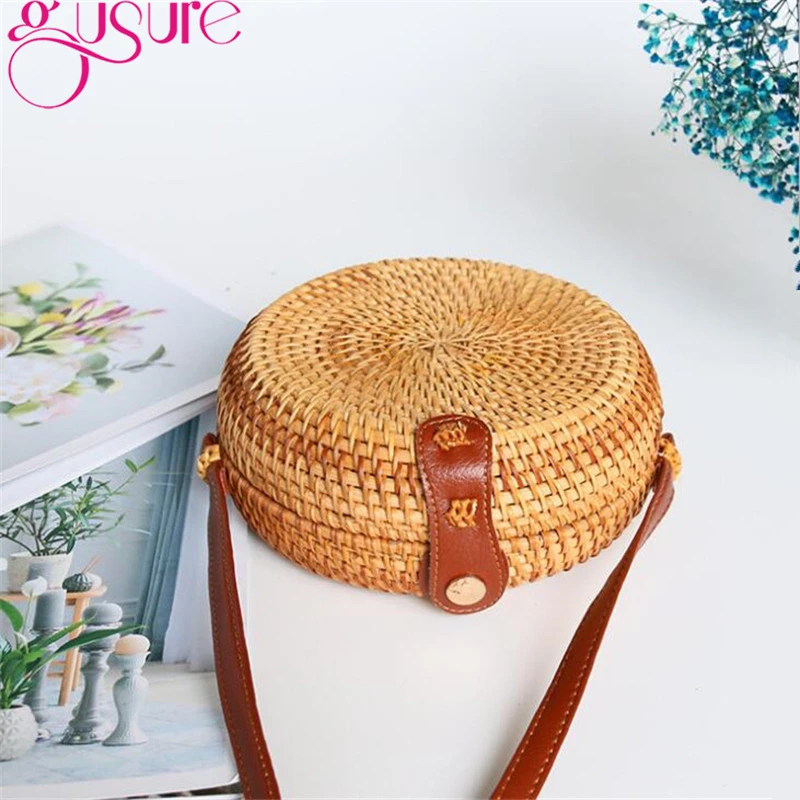 

Gusure Retro Small Round Bags for Women Hand Rattan Straw Holiday Travel Ladies Shoulder Bag INS Vintage Style Chic Summer Bags