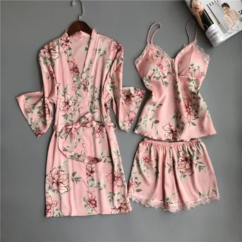 

BZEL Wholesale Women Sexy Sleepwear Floral Silk Robe&Gown Sets Lace Dressing Gown V-neck Summer Lounge Set Satin Pyjamas Women