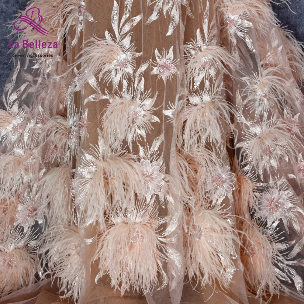 1 ярд модный стиль розовый/белый тяжелый Ручной работы Бусины и перо на сетке вышивка свадебное платье кружевная ткань