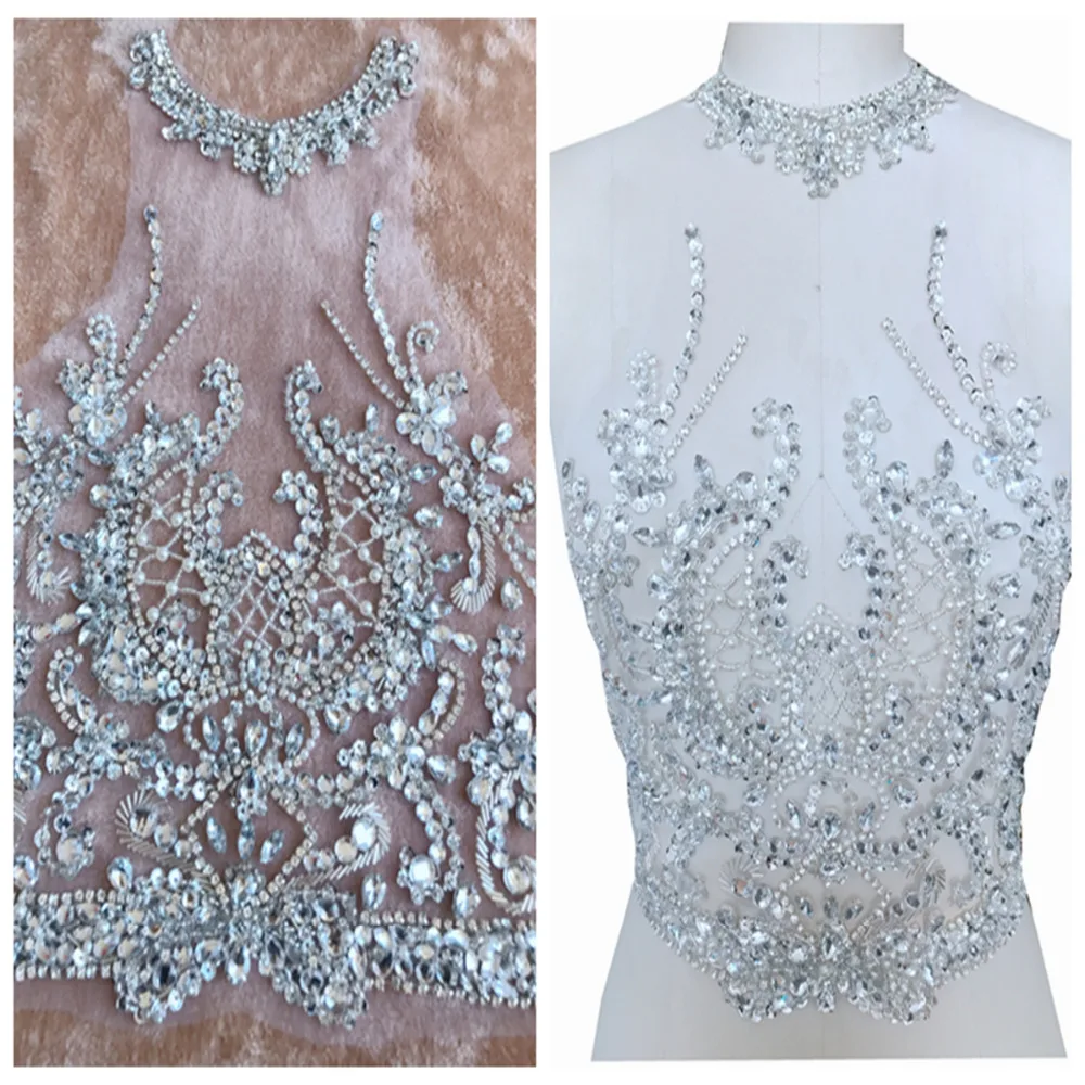 

ZBROH Pure hand made sew on Rhinestones applique on mesh silver crystals patches 39*29cm dress accessory
