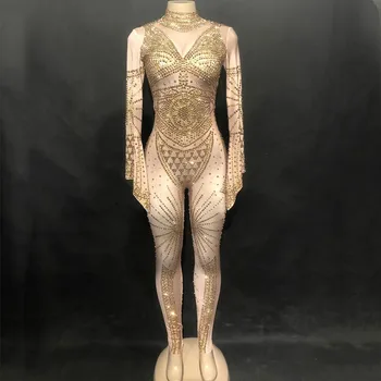 

Women Rhinestones Sexy Jumpsuit Sparkling Crystals Nightclub Party Dancer Singer High-end Bodysuit Stage Wear Costumes DJ DS