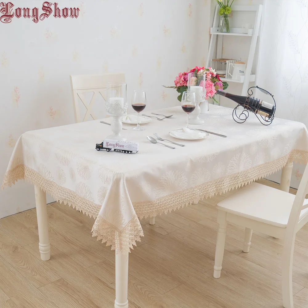 

Beige Colour 130x180cm 100% Polyester Dyed Yarn Cloth Embroidered Lace Trim Table Cover