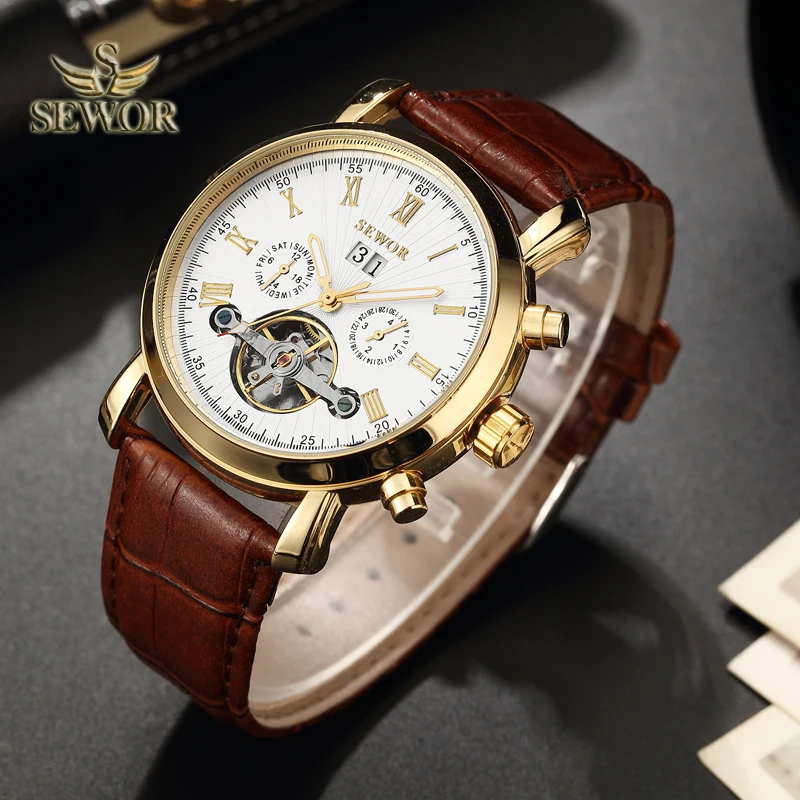 

SEWOR Luxury Brand Mens 2019 New Fashion High Quality Gold Watch Tourbillon Mechanical Automatic Watch Men Sport Watch C399