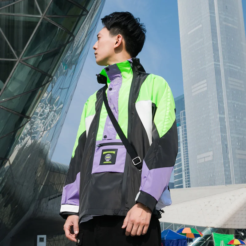Harajuku Jacket Men Hip Hop Streetwear Retro Jacket Windbreaker Pocket Spring 2019 Vintage Color Block Track Jacket Coat Zipper