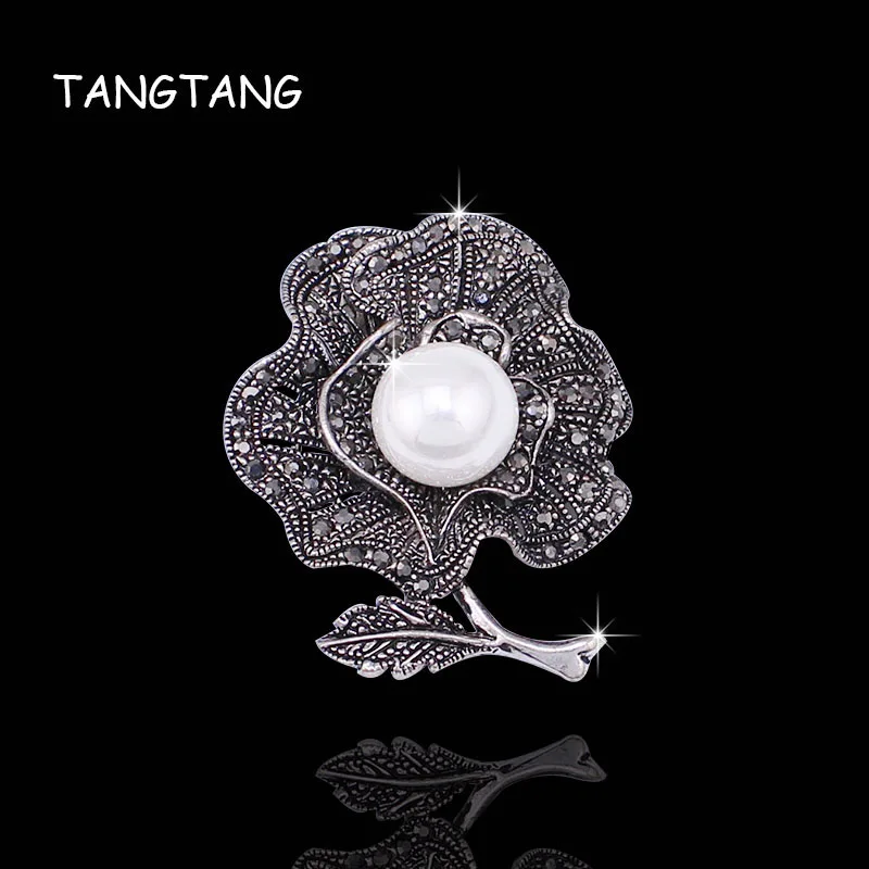 

New Fashion Glamour Petal Brooch With Black Rhinestone Antique Silver Finished Bouquet Flower Costume Jewelry Pins, Item: BH8222