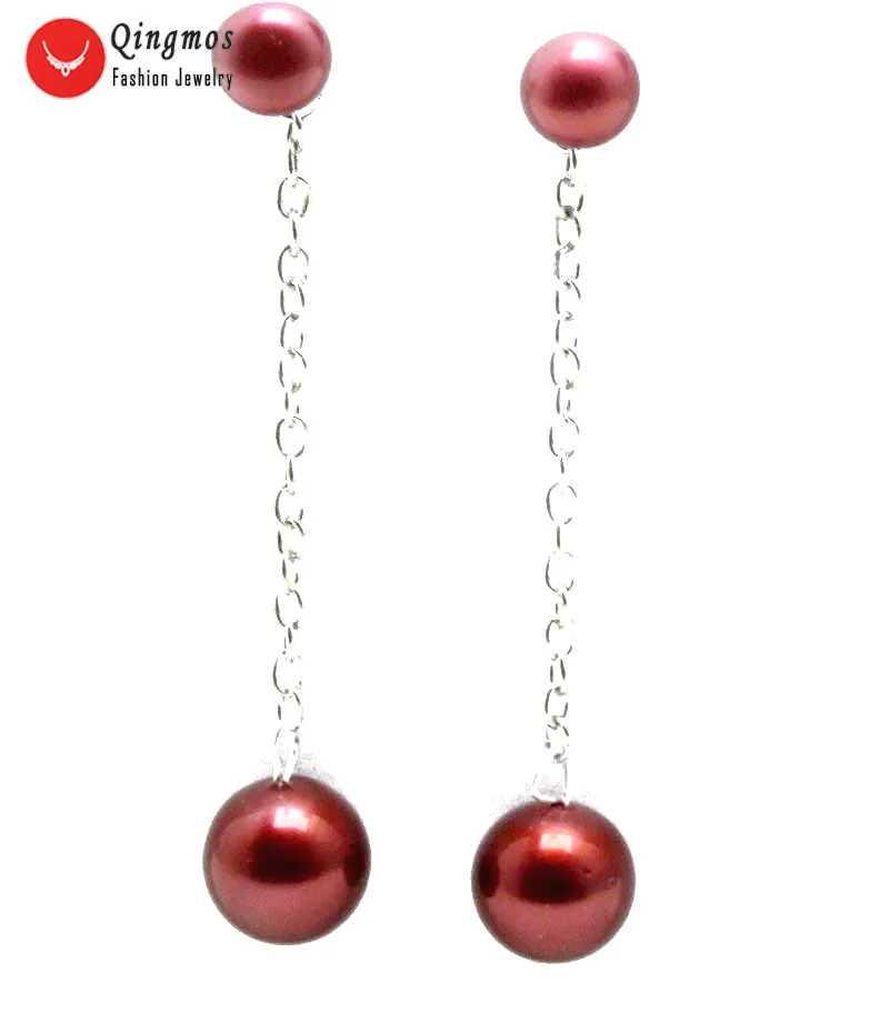 

Qingmos Natural Red Pearl Earring for Women with 7-8mm Flat Round Pearl & Dangle 12mm Sea Shell Pearl Earrings Jewelry Ear558