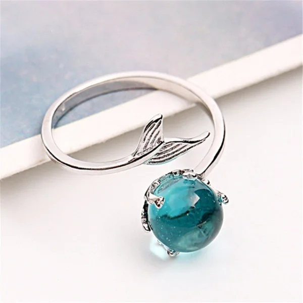 Роскошное женское кольцо в форме русалки с голубым кристаллом, милые винтажные открытые обручальные кольца из серебра 925 пробы для женщин, кольцо для помолвки