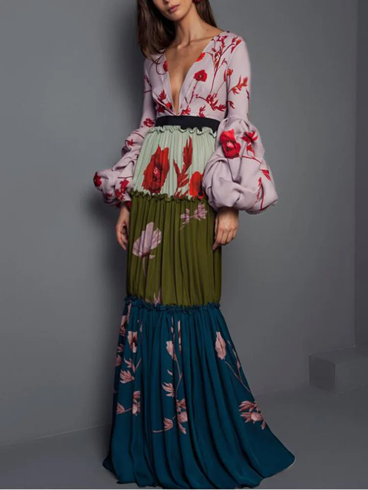 

women Spring Summer V-neck long Flare sleeve long splice dress for female Elegant village print flower dress vestidos de festa