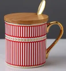 Керамическая кофейная кружка, посуда золотая цепочка на голову кружка для молока с крышкой и ложкой - Цвет: red with bamboo lid