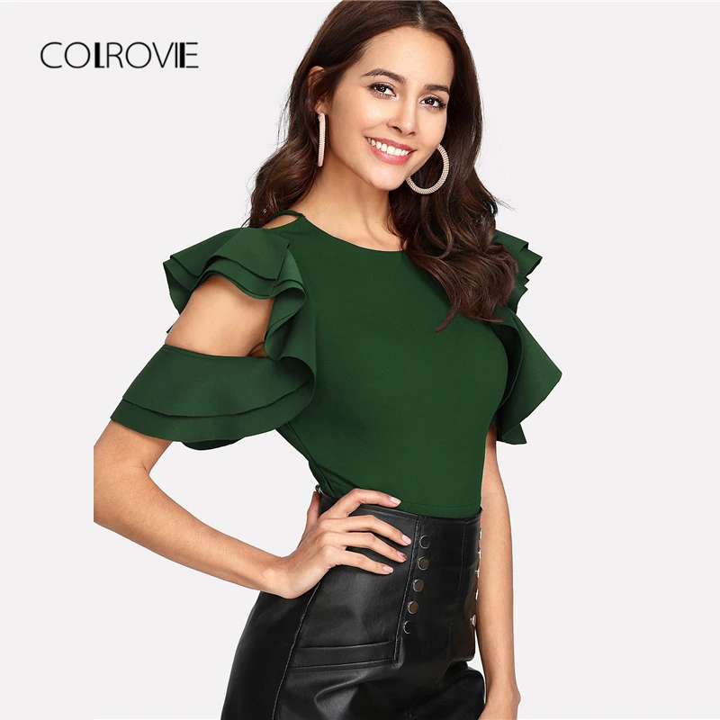 COLROVIE الأخضر عارية الذراعين الطبقات كشكش الباردة الكتف تقاطعات عودة الصيف مثير ارتداءها النساء 2018 بسط نحيل داخلية