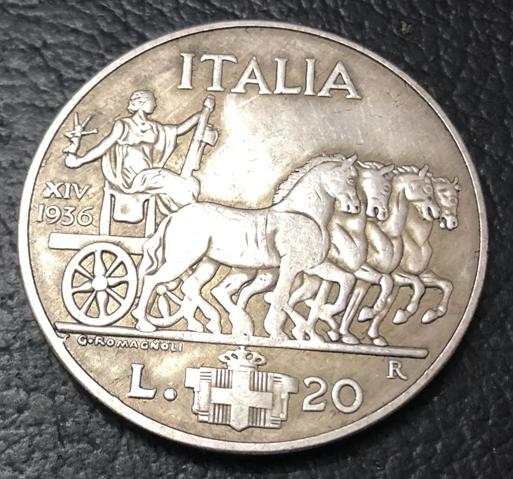 1936 ИТАЛИЯ 20 Lire-Vittorio Emanuele III Посеребренная Имитация монеты