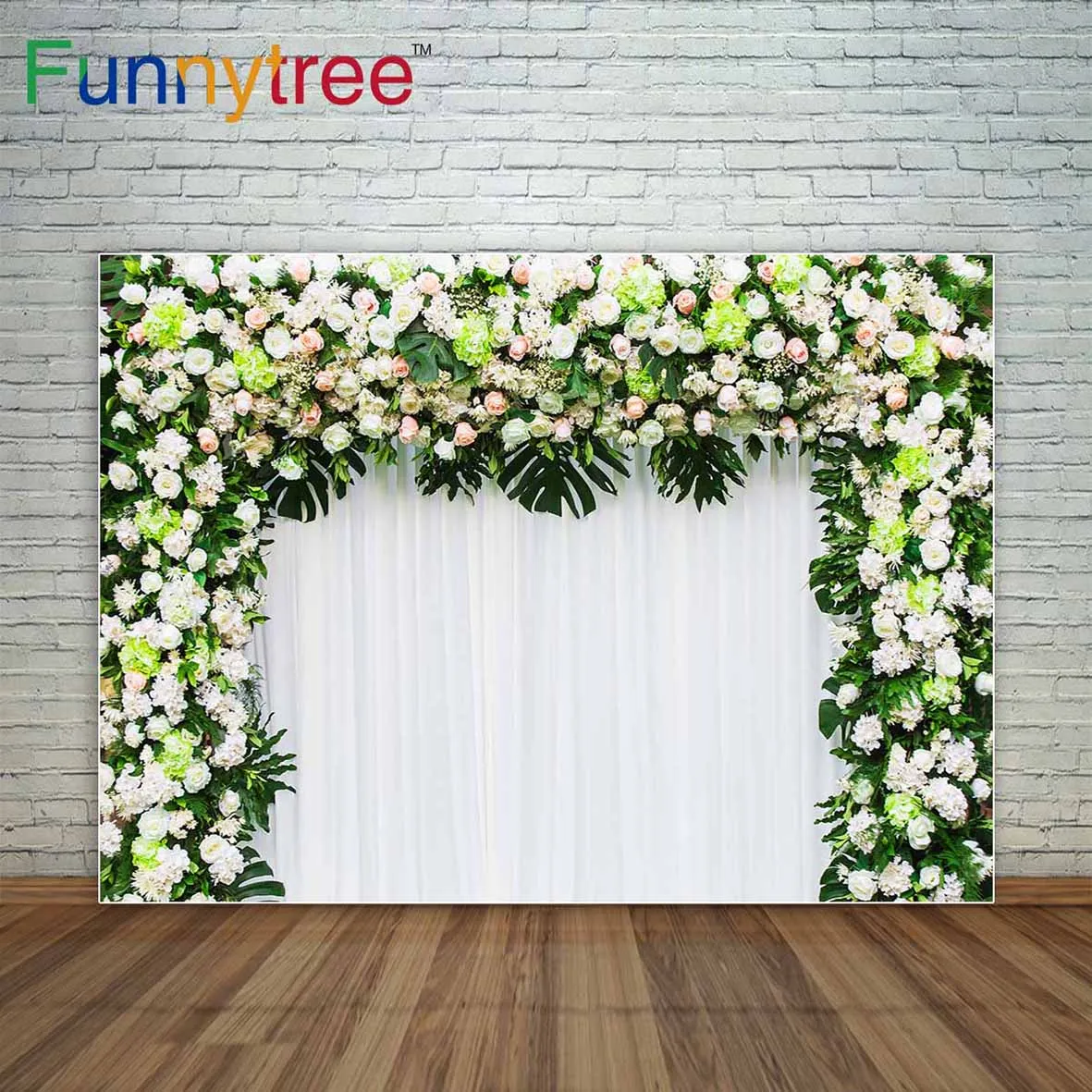 

Funnytree Flowers and green tropical leaves backdrop for wedding Square arch white curtains decoration photocall photo booth