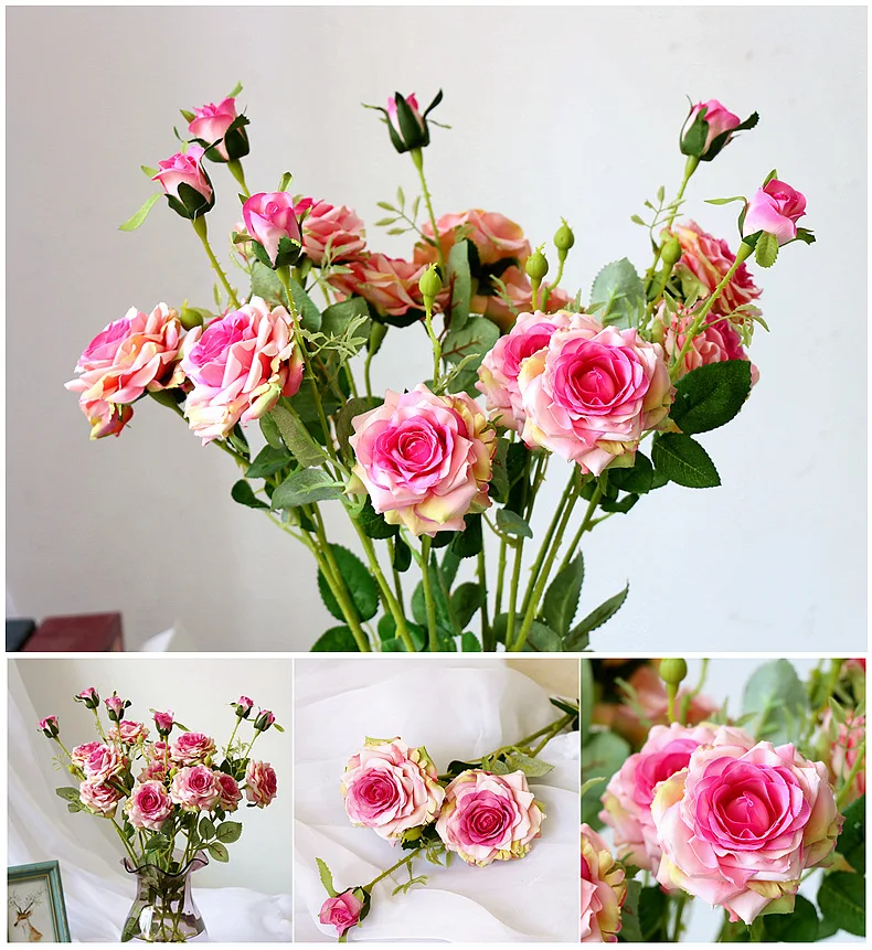 1 шт. недорогие искусственные цветы, искусственные розы, 3 головки, шелковые розы, украшение для дома, свадьбы, вечеринки