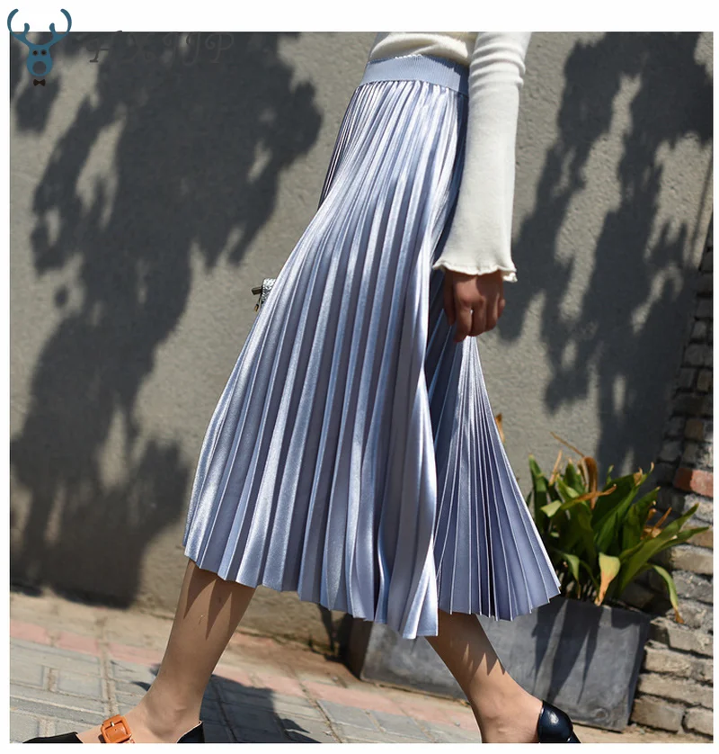 

HXJJP High Waisted Silk Skirt for Women Gradient Color Mid Calf Skirt High Quality Pleated Skirts A Line Female School Skirt