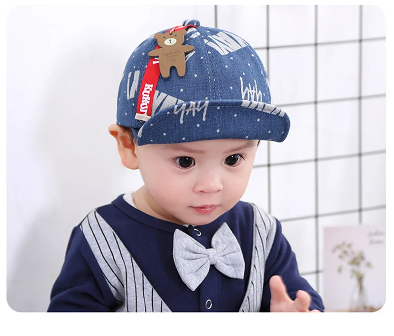 Fashion Denim Baby Caps Letter Cowboy Boys Caps Retro Print Toddler Hat With Bear Spring Summer Soft Baby Hat Baby Boys Clothing (9)