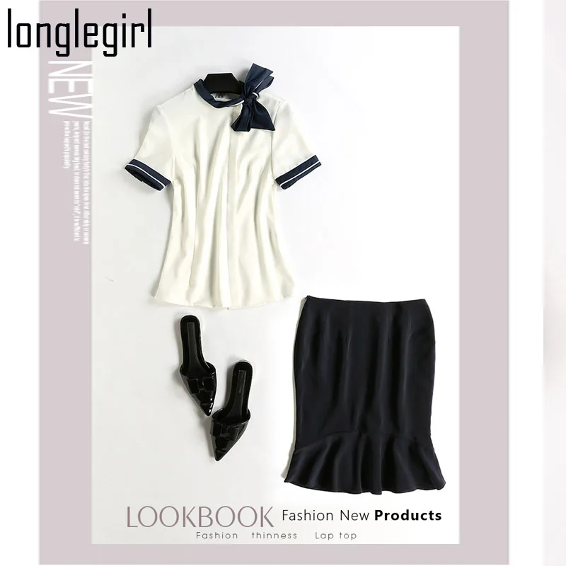 Summer Women Two Piece Suit Set Female Dress Formal Office Lady Set White Short Sleeve Bow Neck Shirt + Black Half Skirt S-XXL Summer Women Two Piece Suit Set Female Dress Formal Office Lady Set White Short Sleeve Bow Neck Shirt + Black Half Skirt S-XXL