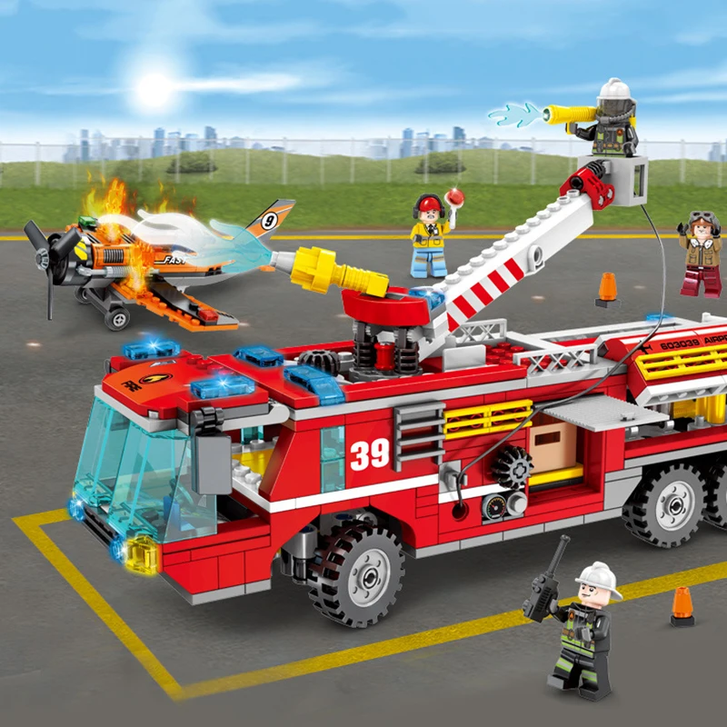 

580PCS City Airport Fire Fighting Rescue Truck Compatible All Brand Building Block Brick Model Set Firefighter figures children