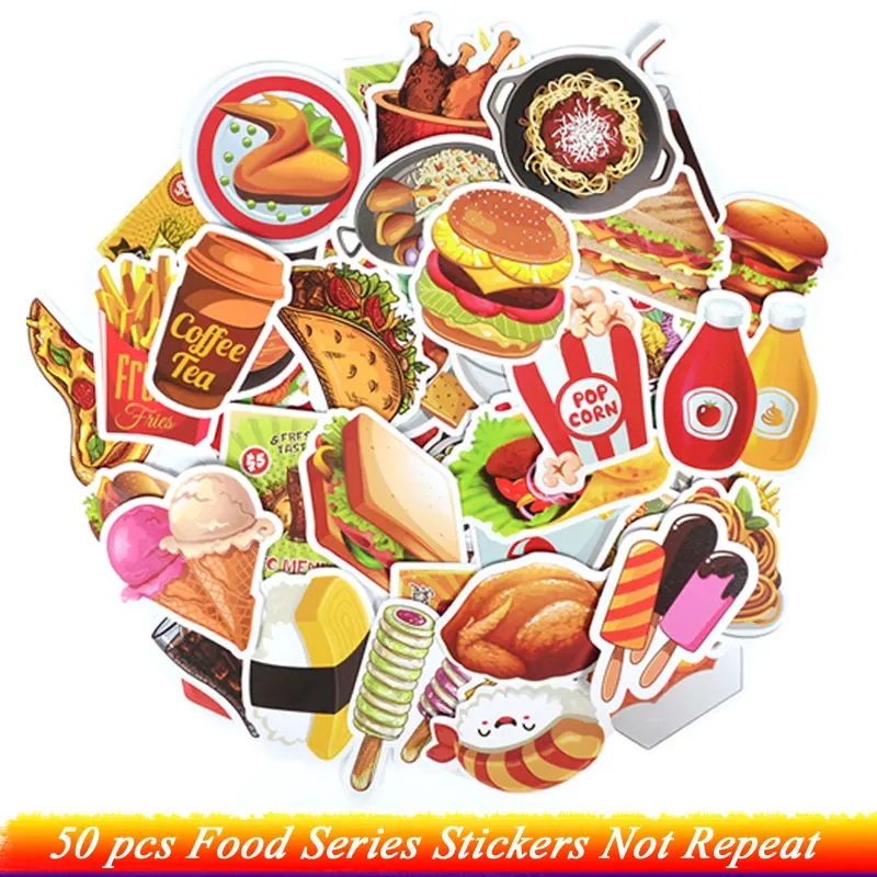 

50 PCS Fast Food Drink Stickers Cartoon Delicious Dessert Diet Creative Sticker to DIY Refrigerator Laptop Luggage Fridge Bike