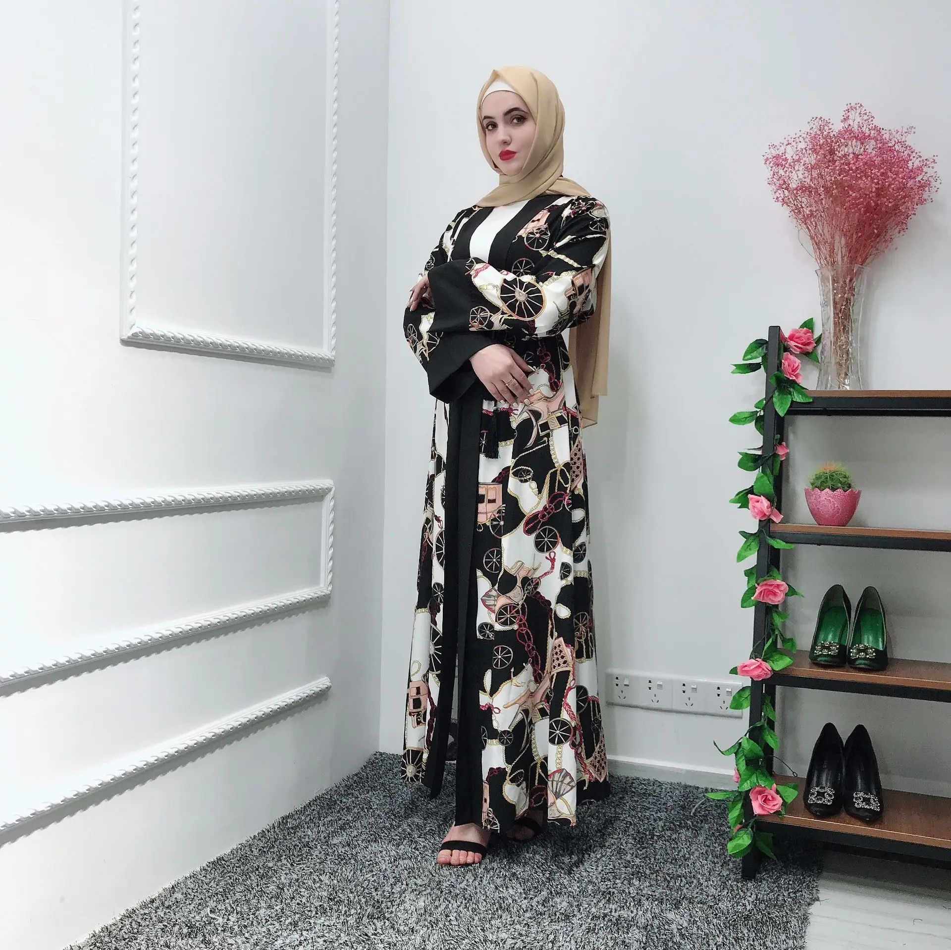 Модная мусульманская печать abaya полный платья кардиган-кимоно длинные халаты Туника Jubah Ближний Восток Рамадан Арабский исламский одежда