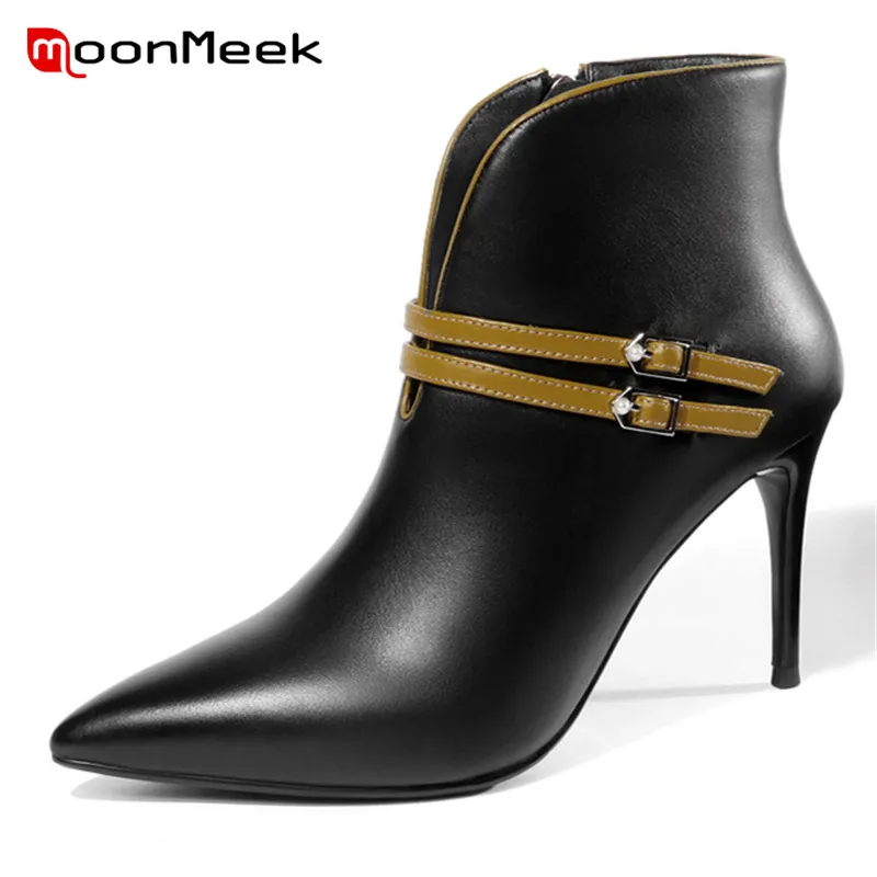 

MoonMeek SIZE 34-39 2020 NEW fashion zipper ankle boots women genuine leather boots sexy pointed toe autumn winter ladies boots