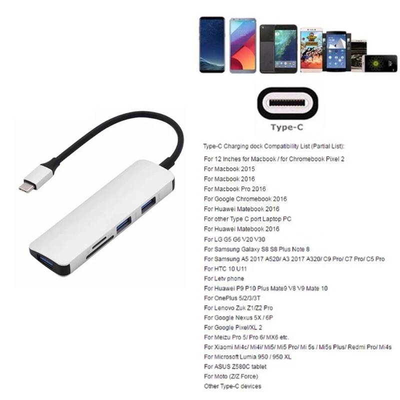 1 комплект USB + type C 5в1 концентратор адаптер 3 USB 3,0 SD/TF кардридер для Macbook PC S9 Xiaomi высокоскоростной