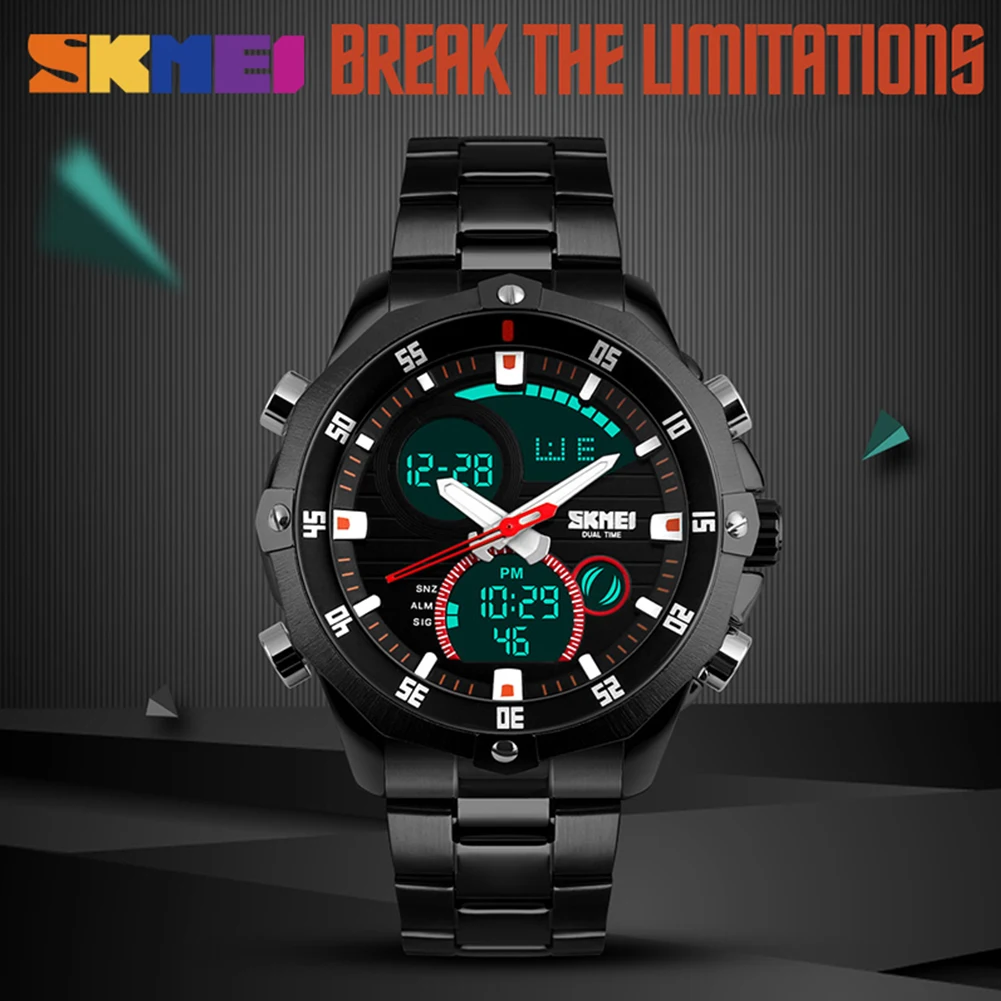 

Fashion Multiple Functions EL Backlight 30M Water Resistant Men Quartz Wristwatches LED Digital Dual Time Display Alarm