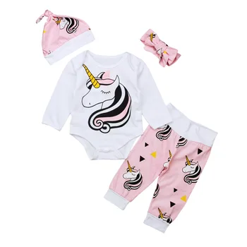

Child Clothes Suit Baby Girl Pajamas 4pcs Romper Hat Headband Cartoon Set Toddler Girl Christmas Princess Costume Kids Clothing
