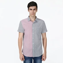 New Slim Fit Striped Stitching Color Casual Shirt Men s Social Dress Shirt Short Sleeve Turn