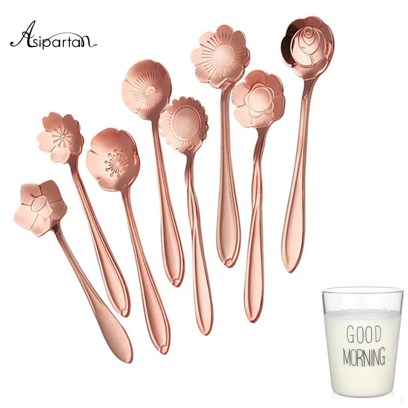 

Asipartan 8pcs/set Coffee Spoon Flower Shape Tea Cake Ice Cream Sugar Spoons Flatware Tableware Kitchen Tools