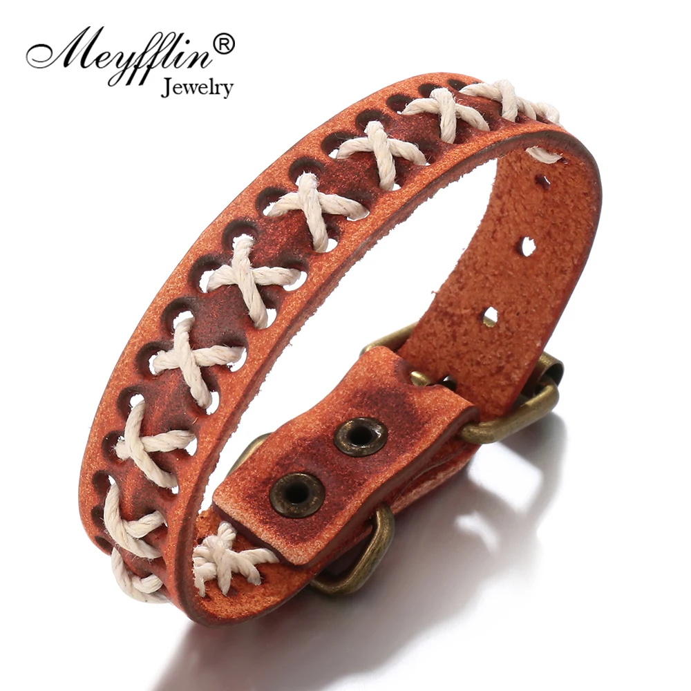 Meyfflin Punk Men's Bracelet Jewelry Fashion Orange Braided Leather