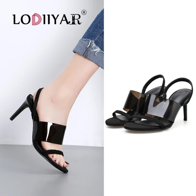 

Women Sandals With Hollow Stiletto Double Strap Transparent Pumps Slip On Open Toe Casual Office Work Shoes Sexy Black Plus Size