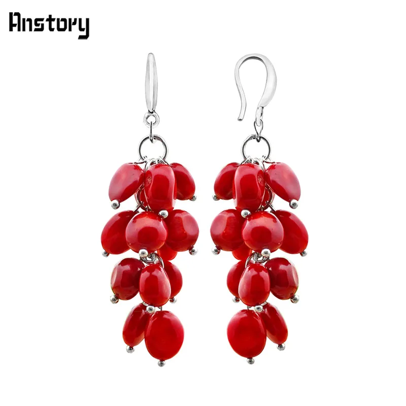 Кластера натуральный красный коралл Bead Hook Earrings для Для женщин личности Дизайн Модные украшения Античная Посеребренная TE251 - Окраска металла: Irregular Bead