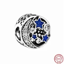 Полуночно-голубой эмаль и прозрачный CZ винтажный ночной небо Шарм бусины для женщин ювелирные изделия DIY Fit PANDORA Подвески Серебро 925 FL471
