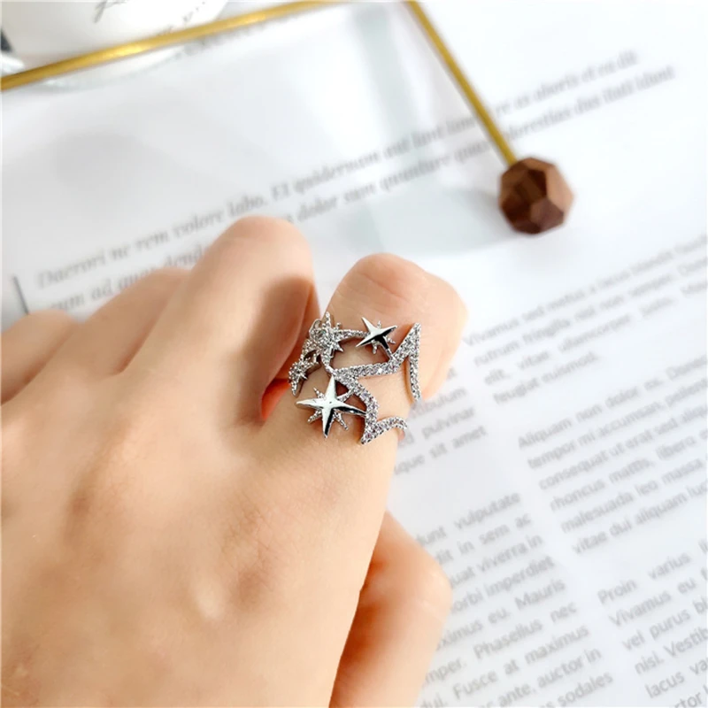 

HZ 2019 New Hollow Star Rhinestone Chic Meteorite Metal Open Rings Adjustable Design Finger Rings for Women Girls Party Jewelry