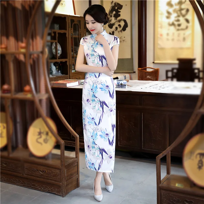 

Shanghai Story Chinese Style Clothing oriental dress long Cheongsam Short Sleeve High Split Qipao Women's Vintage Long Dress
