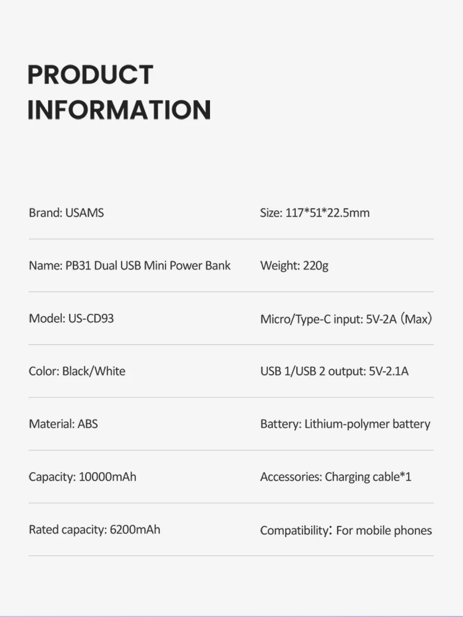 USAMS мини банк питания 10000 мАч портативный двойной USB быстрая зарядка банк питания для Xiaomi samsung iPhone внешний аккумулятор повербанк