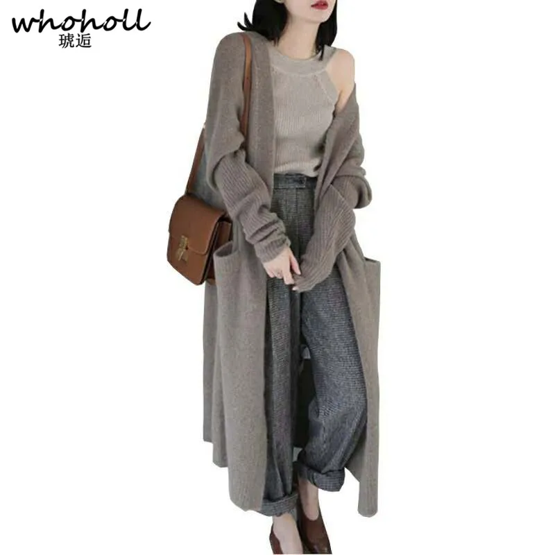 

WHOHOLL Long Cardigan Ladies 2018 Fashion Long Knit Sweater Women Large Coat Casual Black Jacket Winter Clothing Sweater