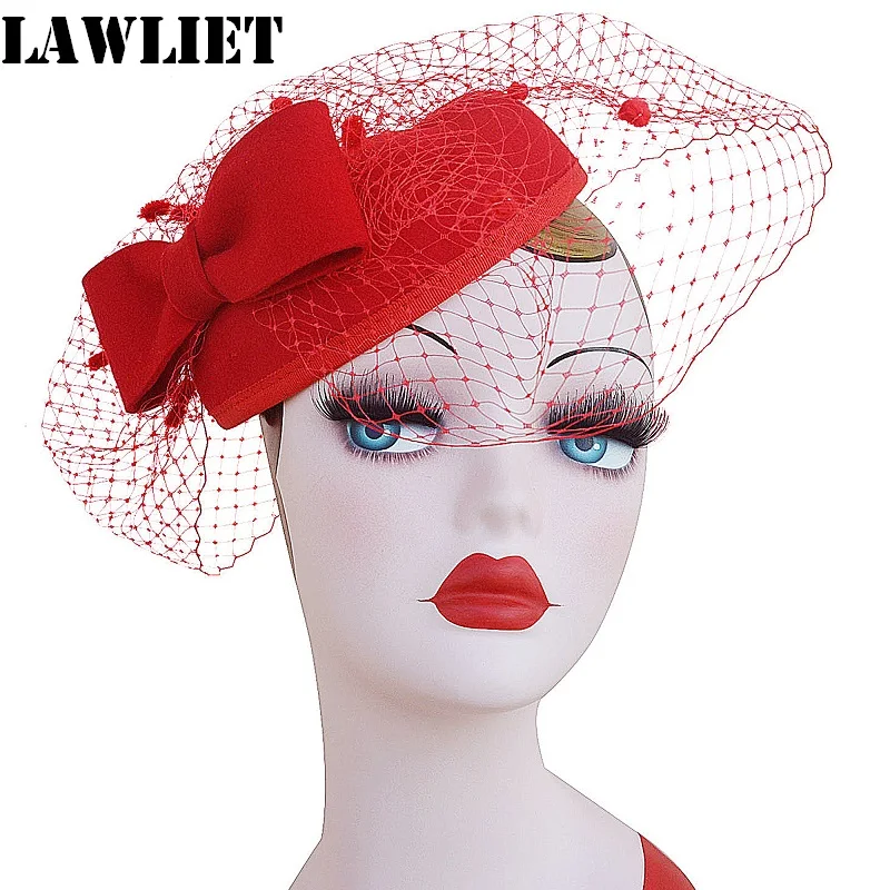 A068 Red Womens Dress Vintage Fascinator Wool Pillbox Hat Party Wedding