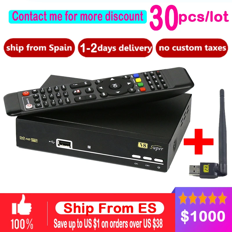 

30pcs Spain V8 super DVB-S2 Satellite Receiver Decoder v8 wifi Support 1080P Full HD powervu cline bisskey free shipping