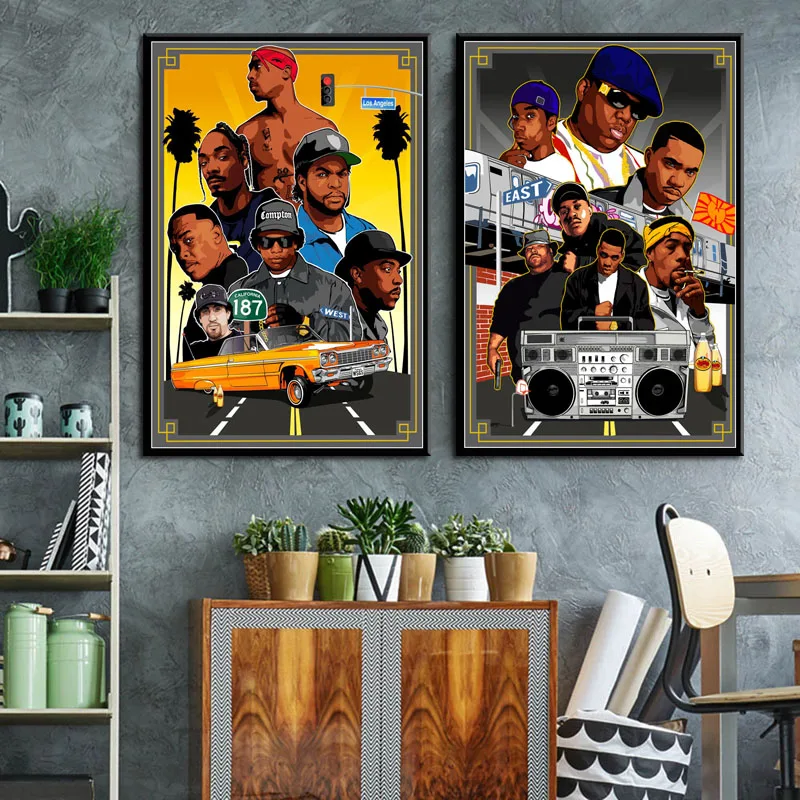 P768 2PAC JAY-Z N.W.A West East Hip Hop Biggie Smalls Rapper Stars Art Painting Silk Canvas Poster Wall Home Decor | Дом и сад