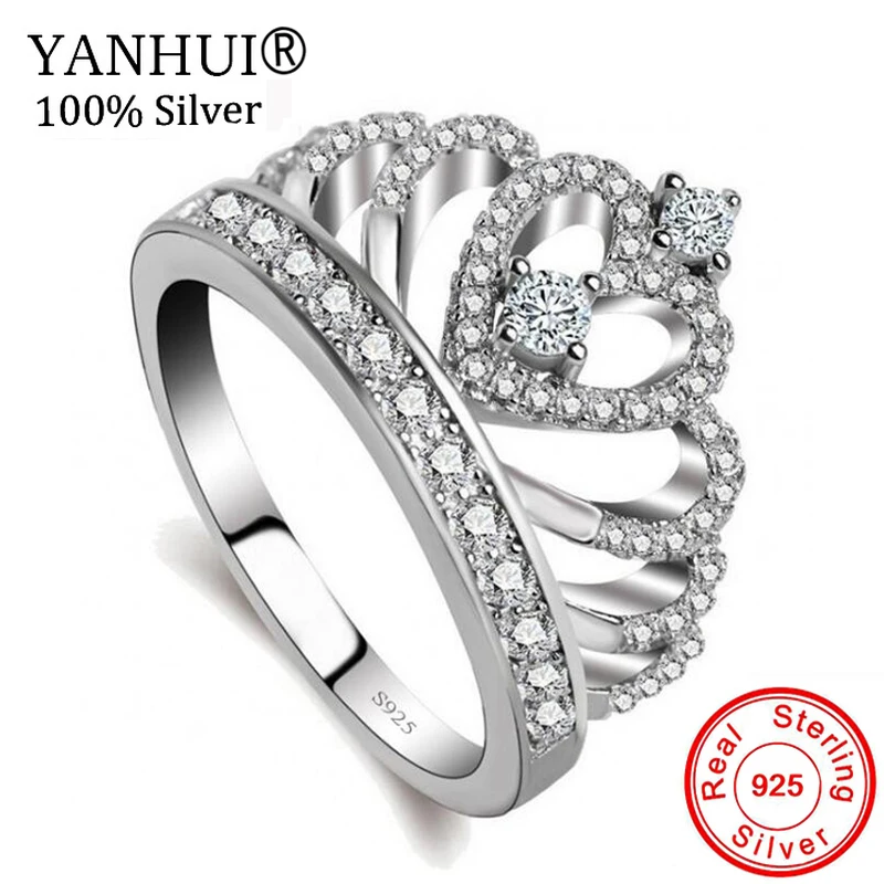 

YANHUI Gift To Lovers Crown Ring 5A Zircon CZ 925 Sterling Silver Filled Engagement Wedding Band Rings for Women Bride LKRA017
