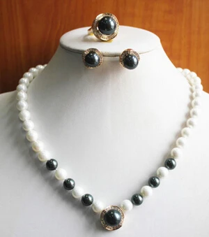 

Fast shipping + 12685 New Design White And Black Pearl Necklace Earring Ring(7/8/9)Jewelry Set (A0516) -Top quality free shippin