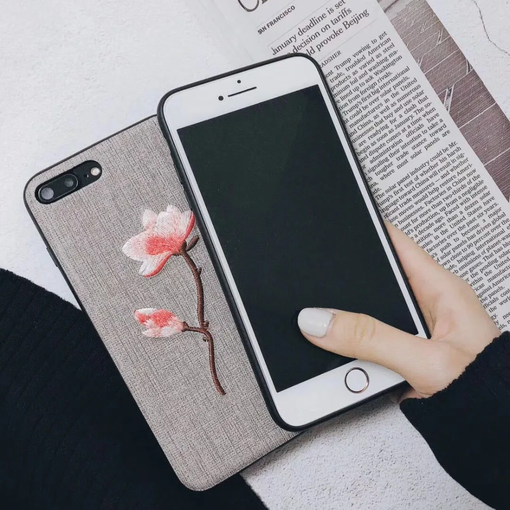 Flowers silicone edge phone case For iphone 6 6s 6 plus back cover fabric 6s plus 7 7plus flowers embroidered  (7)