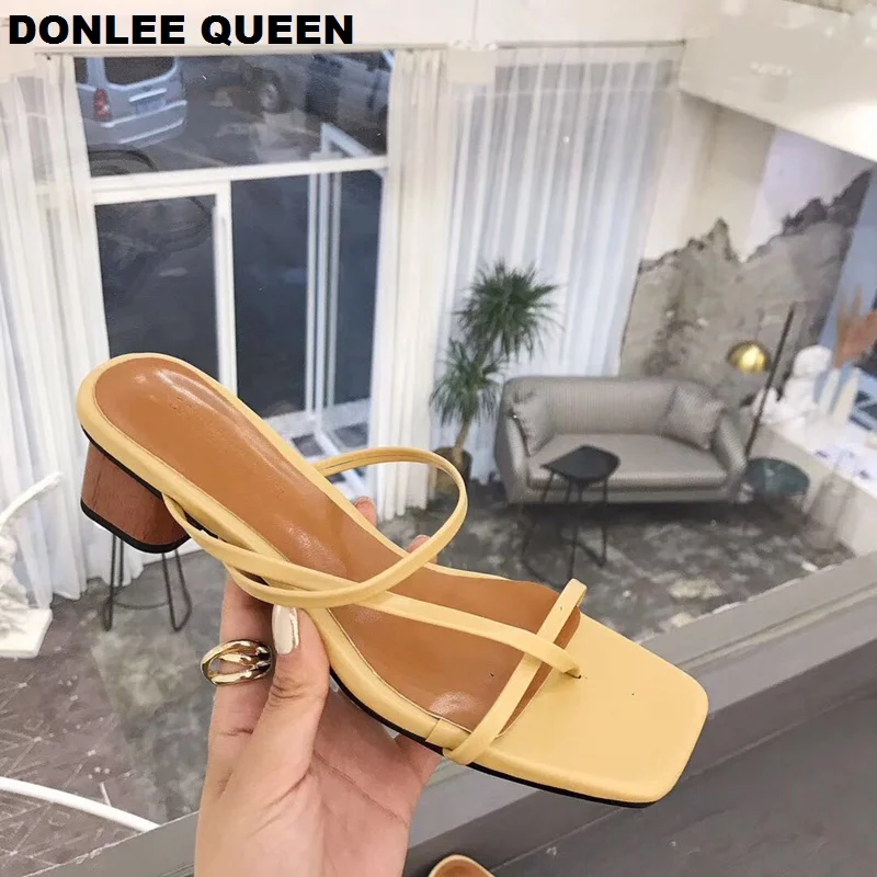 

Fashion Women Brand Slippers Wood Heel Narrow Band Vintage Sandals Solid Slip On Low Heel Slides Summer Slippers sandalias mujer