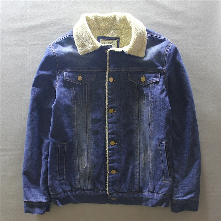 High Quality Mens Denim Jacket  Fur Collar for Men Velvet Warm Men