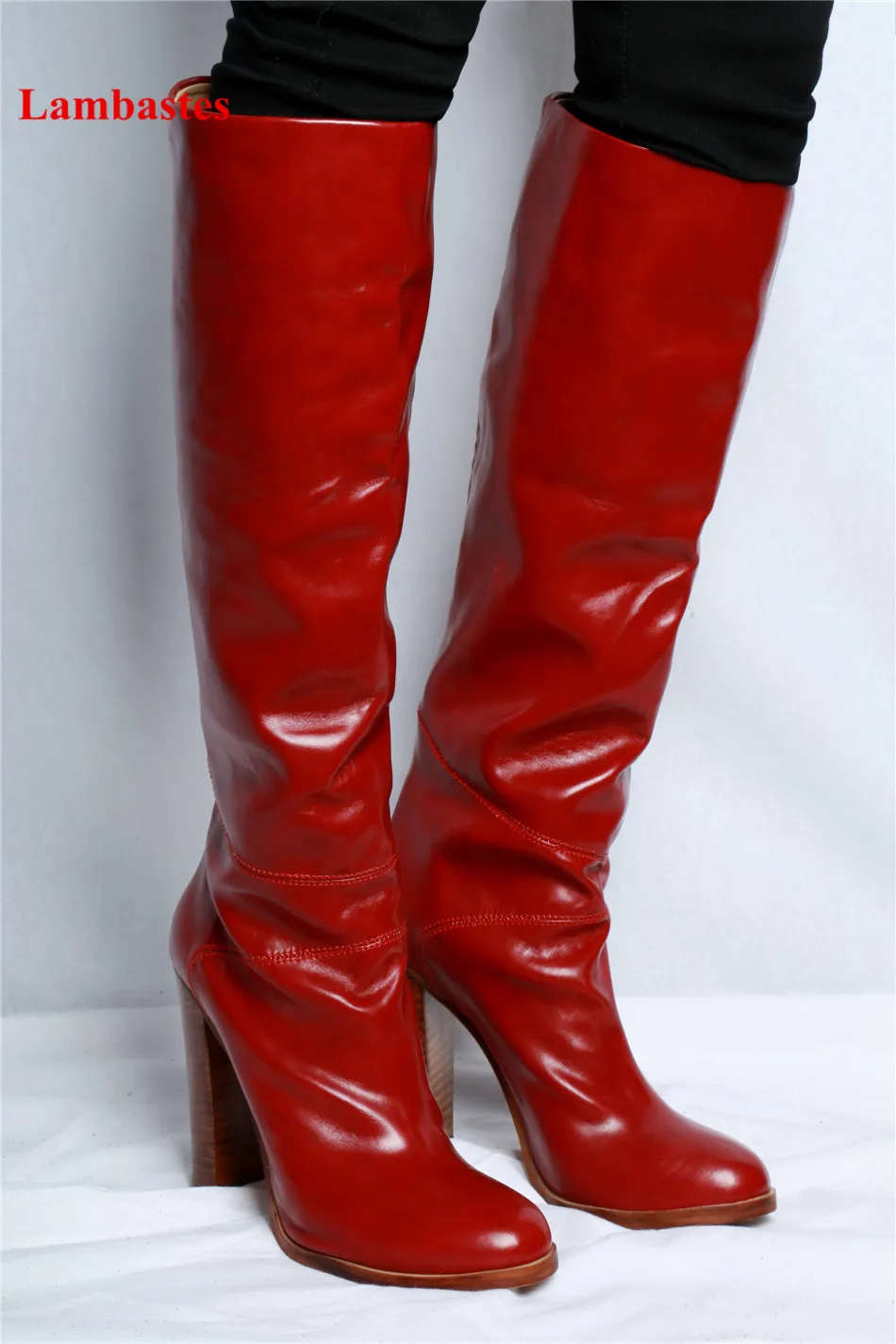 

Red Knee-high Boots Women New Sewing Thick High Heel Leather Slip On Botas Mujer Round Toe Fashion Shoes Walkway Raninboots