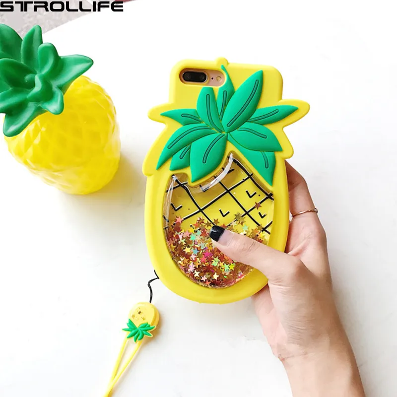 

3D Pineapple Dynamic Liquid Quicksand Golden Glitter Phone Cases For iPhone 6s 7 7Plus Fidget Stress Reliever Soft Silicon Cover