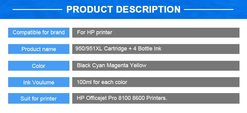 HINICOLE заправляемые чернильные картриджи для hp 950 951 для hp 950 Officejet Pro 8100 8600 8610 8615 8620 8625+ 400 мл принтер чернила