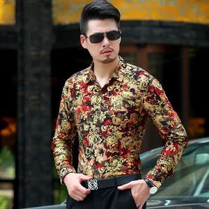 Baroque Gold Floral Shirt Men Luxury Design Men's Dress Shirts Chemise Homme Milk Silk Long Sleeve Gold Bronzing Men Shirts XXXL